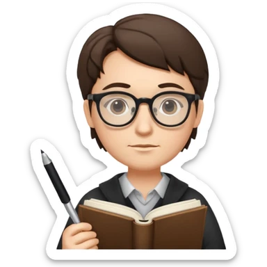 writer holding pen and book, wearing glasses sticker