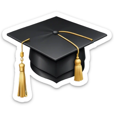 A classic black graduation cap (mortarboard) with a flat, square top and a golden tassel hanging from one corner. The tassel is slightly curved as if gently swaying. The cap is positioned at a slight angle, appearing elegant and academic. The background is plain white sticker