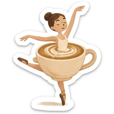 a creative and fun ballerina twirling with a cappuccino cup as her skirt, soft brown and cream colors, no background sticker