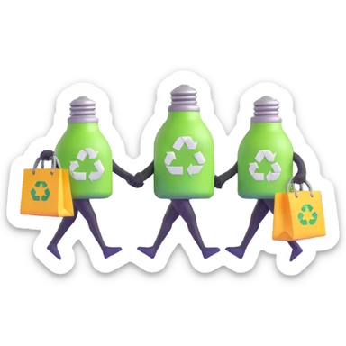 a lightbulb and a battery holding hands, carrying recycling bags, walking toward a recycling bin sticker