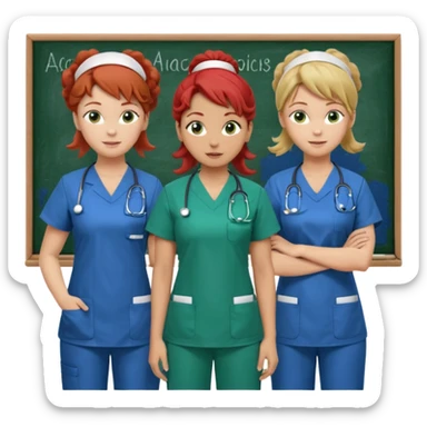 3 nurses: nurse 1 is wearing green work clothes, curly hair, middle european. nurse 2 is wearing blue work clothes, blond straight hair, scandinavic, nurse 3 is wearing white work clothes, red hair put into a bun, slavic. they all stand in a classroom, "Academy" written in white on board sticker