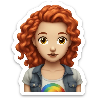 a white girl with long red curly hair in a pony tail with rainbow shirt being bad ass sticker