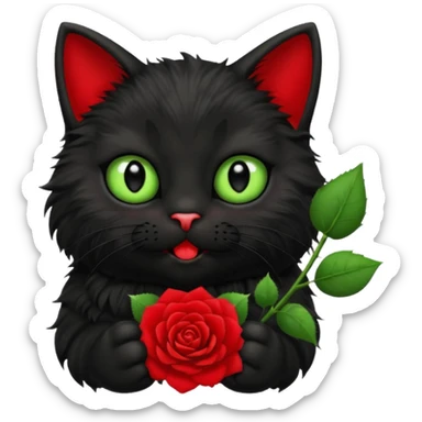 Cute emoji-style black cat holding a red rose in its mouth, big round eyes with light green sclera and black pupils, fluffy fur, clean mascot style, centered, soft beige background, 1:1 ratio. sticker