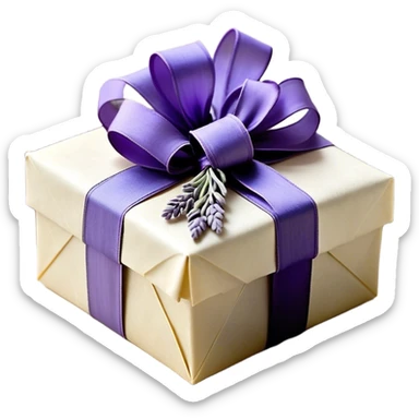 A weathered parchment-wrapped gift, secured with a lavender silk bow, lies nestled among dried sprigs of violet and indigo-hued lavender, their scent mingling with the faint trace of aged paper. A few stray ribbons, in shades of wisteria and dusk, cascade over the edges, whispering of quiet elegance and old-world charm.
 sticker
