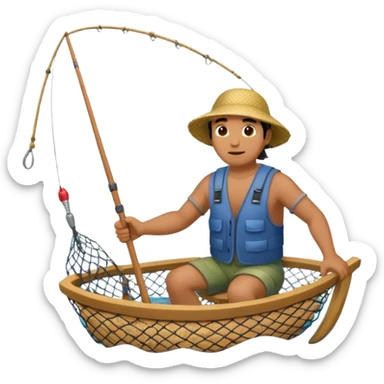 A Polynesian fisherman in the water fishing with a net. sticker