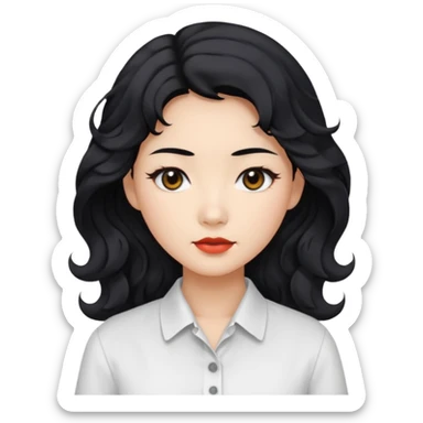 Asian woman, black hair, long permed wavy hair, white button-up shirt, flat colors, transparent background, black eyes sticker