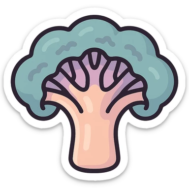 broccoli cross-section, volumetric 2D image, icon-color-outlined style, thin clean contours, soft rounded shapes, pastel palette #98B5BC, #B5B3C1, #C9A3C9, #E4C0CA, #F7DCD1, #F7C0AA, detailed shadows and highlights, soft lighting, transparent background, no decor sticker