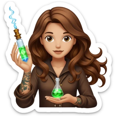 alchemist woman long wavy brown hair tattoos flipping glowing vial sticker