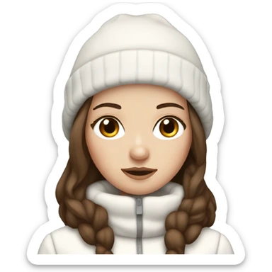 white girl with brown hair and dark brown eyes wearing a white and brown winter outfit sticker