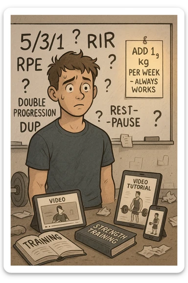 Giovane neofita in palestra, con uno sguardo perso davanti a una lavagna piena di metodi di progressione (5/3/1, RIR, RPE, double progression, DUP, rest-pause). È circondato da libri di allenamento e video tutorial su tablet e smartphone. Dietro di lui, un cartello piccolo ma chiaro: 'Aggiungi 1 kg a settimana – funziona sempre'. Atmosfera caotica intorno, ma luce calda sul messaggio semplice sticker
