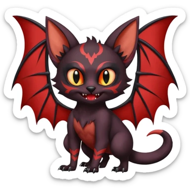 Vampiric Batty Black and Sanguine-red Noibat-Litten-Torracat-Lykoi-hybrid-fusion (full body) with big fangs, and bat-wings for ears sticker