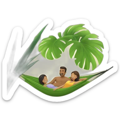 a man is laying in hammock and a woman is fanning him with palm leaf sticker