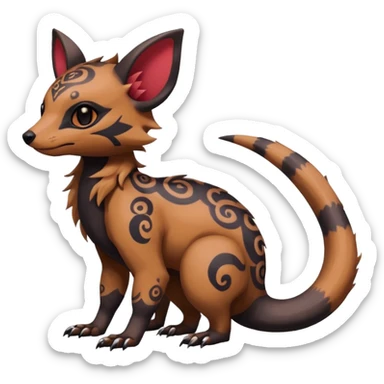 Rare warm-colored exotic cute epic aesthetic gothic colorful Salandit-Eevee-Civet-species-Fakemon-hybrid-creature, with intricate tattoo markings, full body sticker