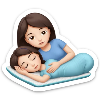  a brunette girl lying down on her side, holding a warm heating pad against her lower belly. She's uncomfortable and sad, her posture should show she’s having menstrual cramps. Use simple lines, rounded shapes, soft colors, and a clean emoji aesthetic. Make it expressive but still adorable sticker