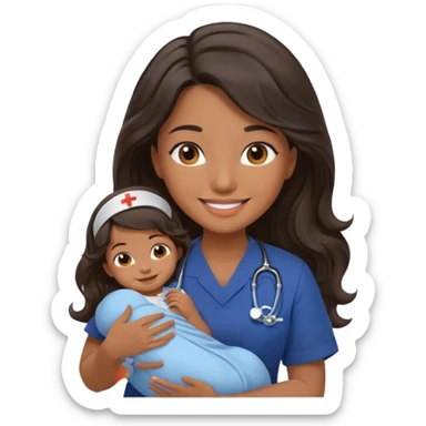 Female nurse smiling with long dark wavy hair with medium brown skin and brown eyes holding one new born with navy blue short sleeves sticker