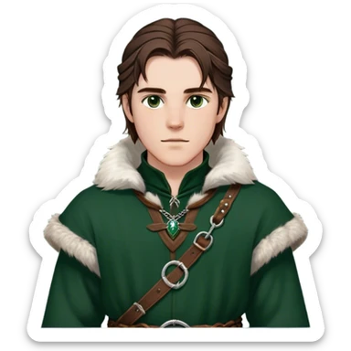 Medieval winter outfit worn by a DnD themed fantasy male character. Double-layered hunter green wool tunic with sable fur collar, featuring silver chain closures and a thick braided leather belt with iron fittings. Clothes only above the waist, full waist coverage. The character has no arms. Character is white-skinned with rich brown hair, amber-flecked eyes, and medium-length straight hair with ice-rimmed edges. sticker