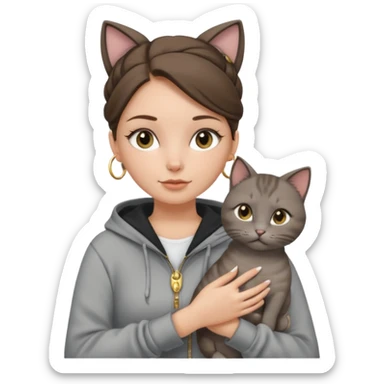 a white girl with brunette hair in a one single bun holding a grey cat. the girl has long lashes and has on a grey zip up that is half way zipped and has a hood and under a white shirt and gold jewelry that is gold bracelets. sticker
