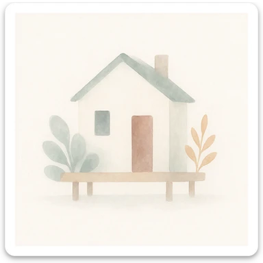 a house with a platform and plants, soft watercolor style sticker