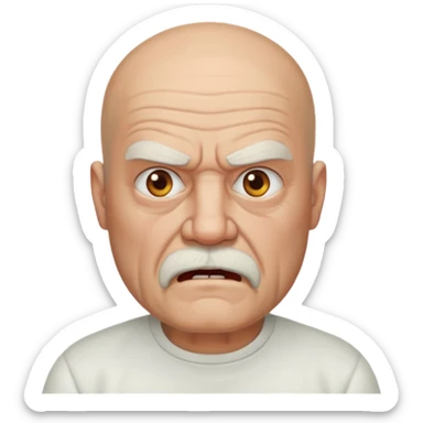a portrait of angry elderly man, bald head, beard, wearing shirt sticker