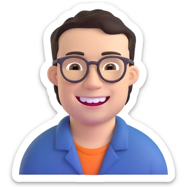 smiling dark-haired man with glasses, big teeth, standard male haircut, rural farmer sticker