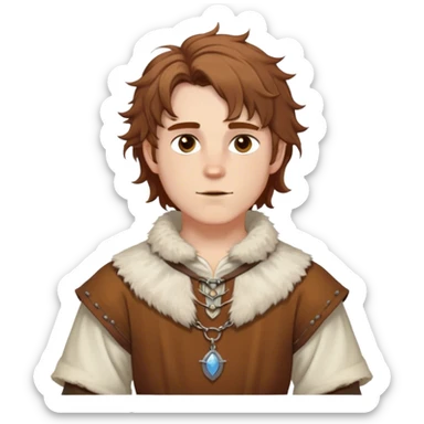 medieval spring outfit worn by a DnD themed fantasy male character. cotton tunic with sleeves rolled to the elbow, featuring a light fur-lined collar for chilly mornings. clothes only above the waist. The clothes full waist. The character's haven't arms. character is white-skinned, chestnut brown hair, amber eyes, shoulder-length messy hair. sticker