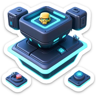 Clash of Clans aesthetic: Cinematic Playful 3D Isometric Sci-Fi Console Emoji, rendered in a 3D vector-style similar to standard emojis with minimal shading and bold, simplified shapes. A compact, distinct form with signature details, softly glowing with a futuristic sci-fi warfare charm. Simplified yet unmistakably iconic, highly detailed and consistent, glowing with a soft radiance and high shine. Stylized with a touch of high-tech brilliance and a soft glowing outline, capturing the essence of a beloved gaming relic with a friendly, playful manner! sticker