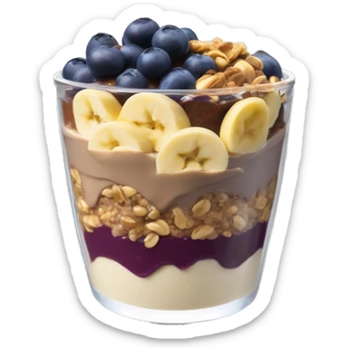 Açai bowl in a cup with layers of peanut butter, cashew nuts, granola, condensed milk, Banana and blueberrys sticker