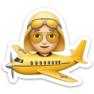 A 3D Apple-style yellow emoji character, classic round shape, wearing pilot-style sunglasses, arms crossed, small smile, a miniature airplane icon floating above its head, symbolizing “airplane mode,” clean cartoonish style, simple background. sticker