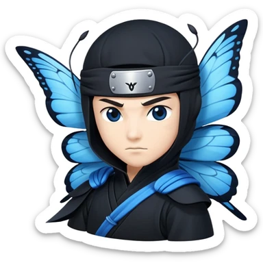 Crea un emoji para usar en WhatsApp con estos dos emoji 🥷🏻🦋.
Ninja vestido de negro con la piel blanca con una mariposa azul posada en el hombro como si estuviera volando. sticker