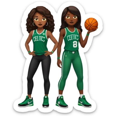 48-year-old dark skin black woman with brown eyes, long dark brown hair dressed in sexy Boston 
celtics outfit & wearing stilettos. A White bald white man with orange beard & facial hair. He has blue eyes, is wearing a Jason Tatum Boston Celtics Jersey, jeans & green Nike sneakers  sticker