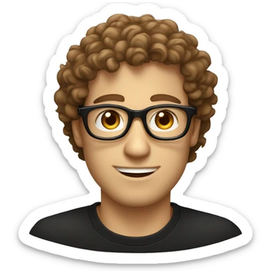 A medium white guy with Italian and Brazilian characteristics, thin nose, curly waved hair, using a classic brown glasses, dressed in black t-shirt,  sticker