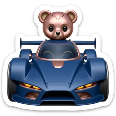Real-proportional dark blue and rosegold-accented  racing car for furry-faced  evil alien scary robot teddy bear with rear spoiler (Star Wars style) sticker