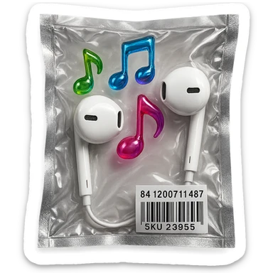 pair of white EarPods with exactly three floating multicolored glassy music notes, shiny and inflated sticker