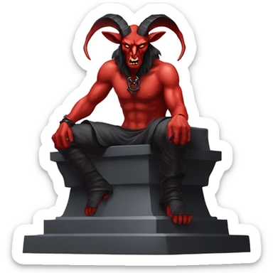 Evil Goatman male Devil sinister with red tipped horns standing with goat hind legs on pyramidal pillar  aura of darkness he is commanding sinister evil power sticker