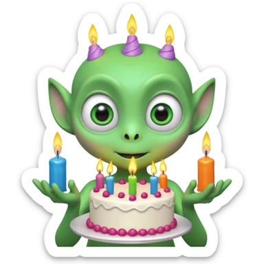 A cute friendly alien holding a birthday cake with candles, big expressive eyes, bright colors, cartoon style, playful atmosphere, 3D animated look, Pixar-inspired, highly detailed
 sticker
