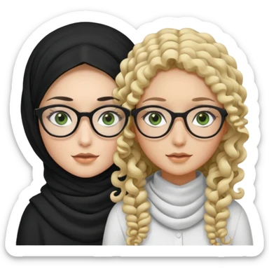 White hijabi girl with black eyes and black long hair white girl and black eyes wearing glasses and a white skin girl with curly honey hair and green eyes sticker