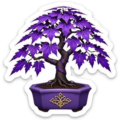 small short cascading black violet bonsai pot plant purple filigree-leaves maple tree with triangular angular multi-hexagon faceted asymmetrical originally shaped pot sticker