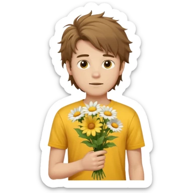 generate an ios genmoji of a 20 year old fair boy with brown long and messy hair with light beard on cheeks. carrying a flower bouquet, wearing a yellow tshirt, looking shy.  sticker