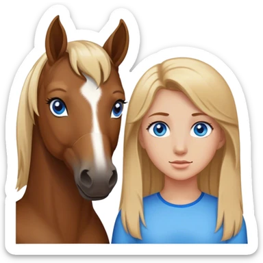 a bay horse standing next to a dark blonde girl with blue eyes sticker