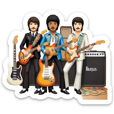 Rock music icon: collage of legendary rock stars—The Beatles, Jimi Hendrix, Elvis Presley, Queen, Nirvana, Led Zeppelin. Electric guitars, amplifiers, and microphones surrounded by vibrant stage lights and musical notes. Transparent background. sticker