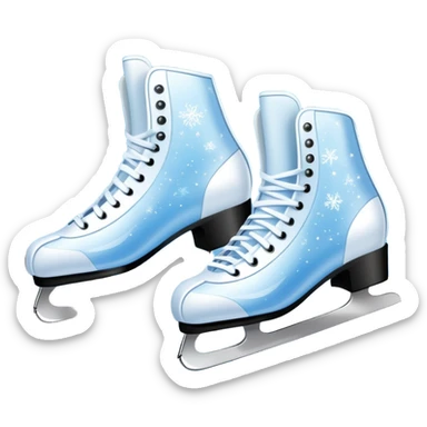 An icon showing In the background, twinkling lights, winter trees, and blue sky. a pair of elegant ice skates gliding across a smooth, frozen rink with snowflakes in the air. Transparent background highlights the grace and charm of ice skating. sticker