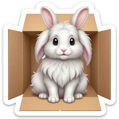 A very cute young Angora long haired rabbit  with one's head tilted to one side poked its paws out of the cardboard big box and placed them on top of it sticker