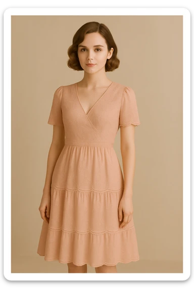 Change the pink dress to a soft blush pink with floral embroidery, keep the rest of the look the same, romantic and graceful style. sticker