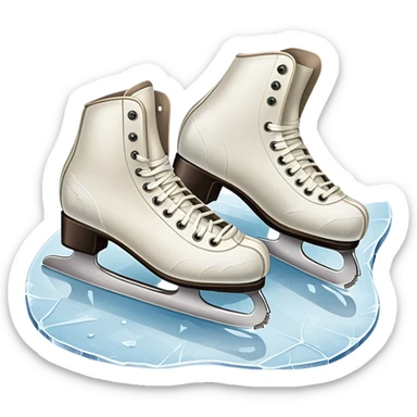 An icon showing a pair of elegant figure skates resting on scratched and scuffed ice, with visible marks from previous skaters. The background hints at an icy rink, with textured ice and soft lighting adding depth. Transparent background emphasizes the beauty of skating. sticker