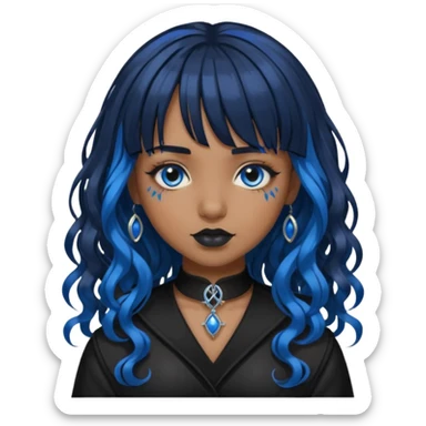 Uma garota parda com cabelo cacheado longo e com franja cabelo preto com mechas azul e estilo gótica sticker