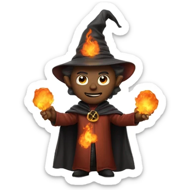 Human demonologist in a wizard costume, surrounded by a fiery halo, Halloween theme, emoji sticker