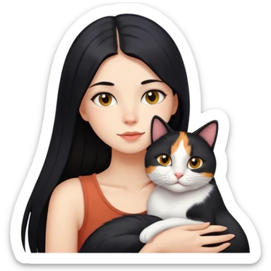 girl with long black straight hair and domestic calico cat is lying on her left shoulder and neck emoji  sticker