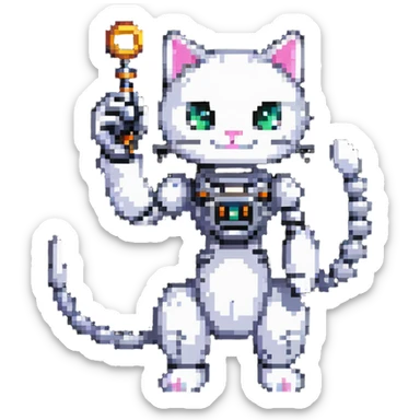 pixel art cat with a robotic arm, retro gaming vibe sticker