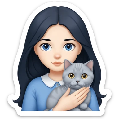 A girl with long black hair is holding a blue and white British shorthair sticker