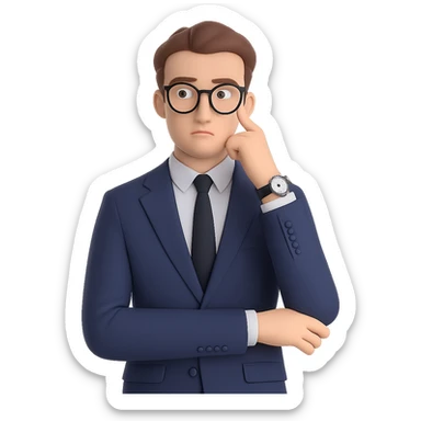 Add stylish glasses to the thoughtful businessman, keeping the luxury watch visible and the expression contemplative and curious, with a clean background. Maintain a clean background and focus on the glasses and expression enhancement. sticker